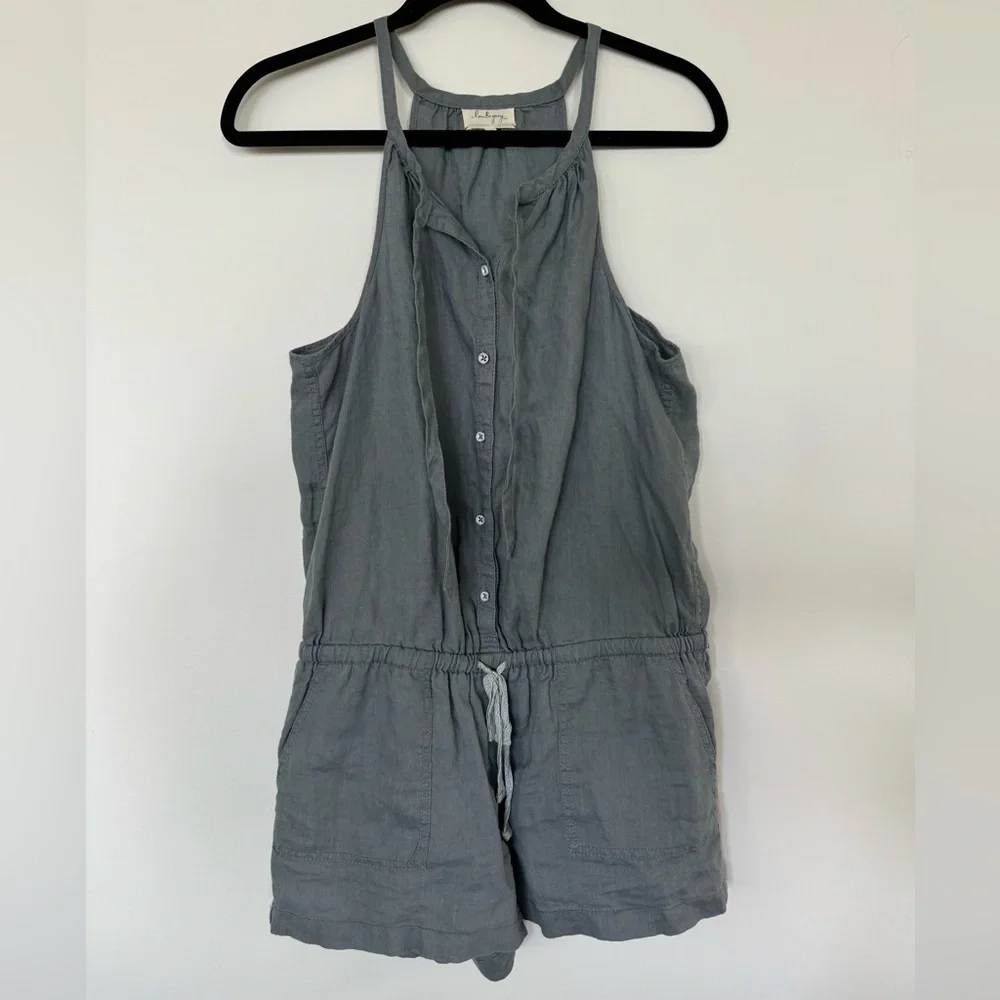 Lou & Grey Dusty Blue Gray Romper Tie Neck Button Up 100% linen Drawstring Sz S